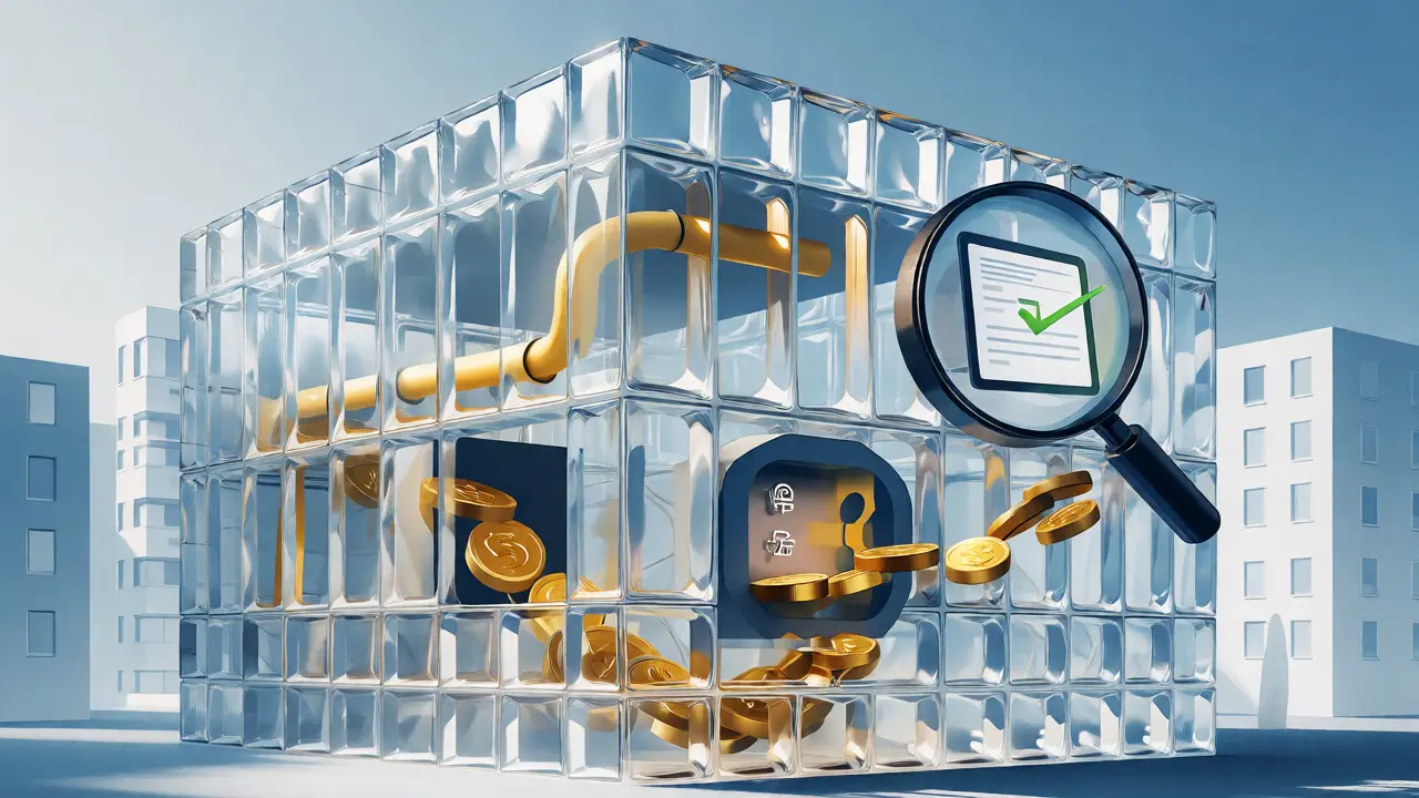 Konzeptdarstellung eines Glasgebäudes mit goldenen Münzen und digitalem Tablet.