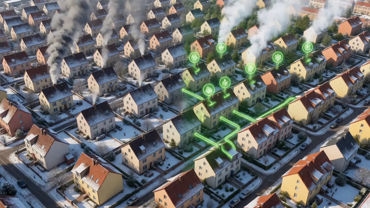 Luftaufnahme eines deutschen Quartiers im Winter mit visuellem Vergleich zwischen fossiler Einzelheizung und vernetzter Wärmeversorgung.