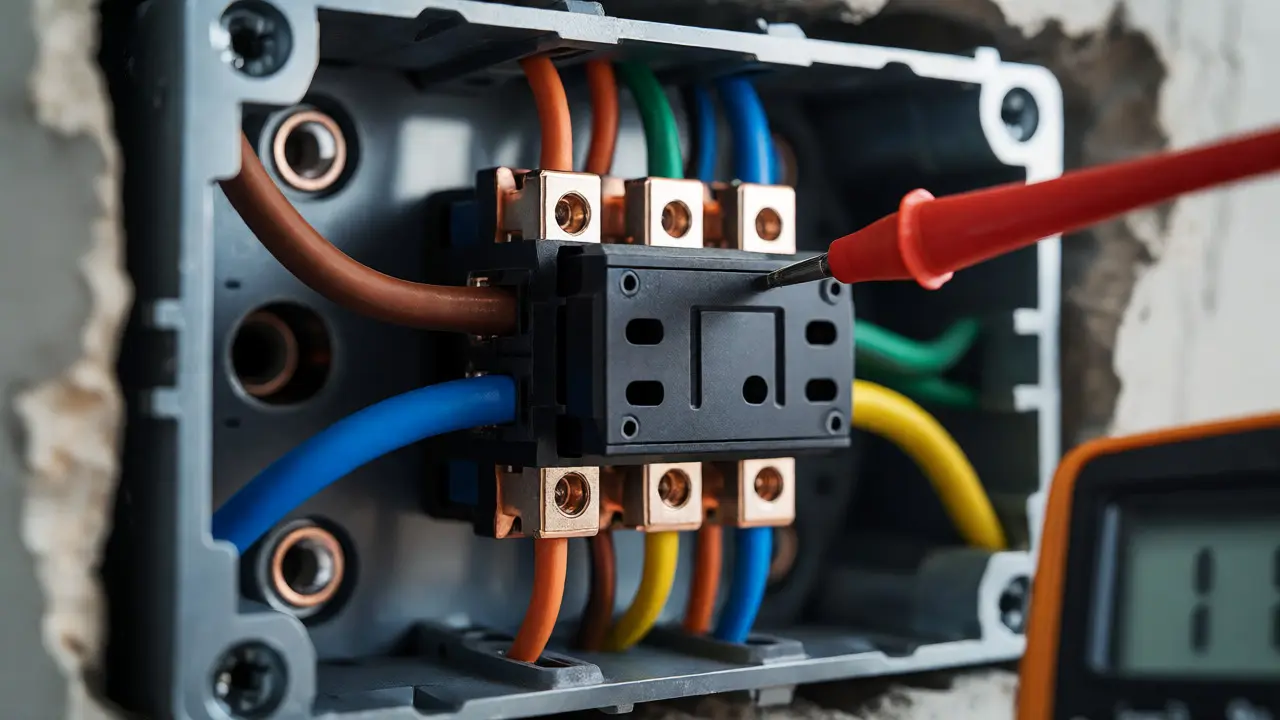 Nahaufnahme der Verkabelung eines Dimmers mit Multimeter