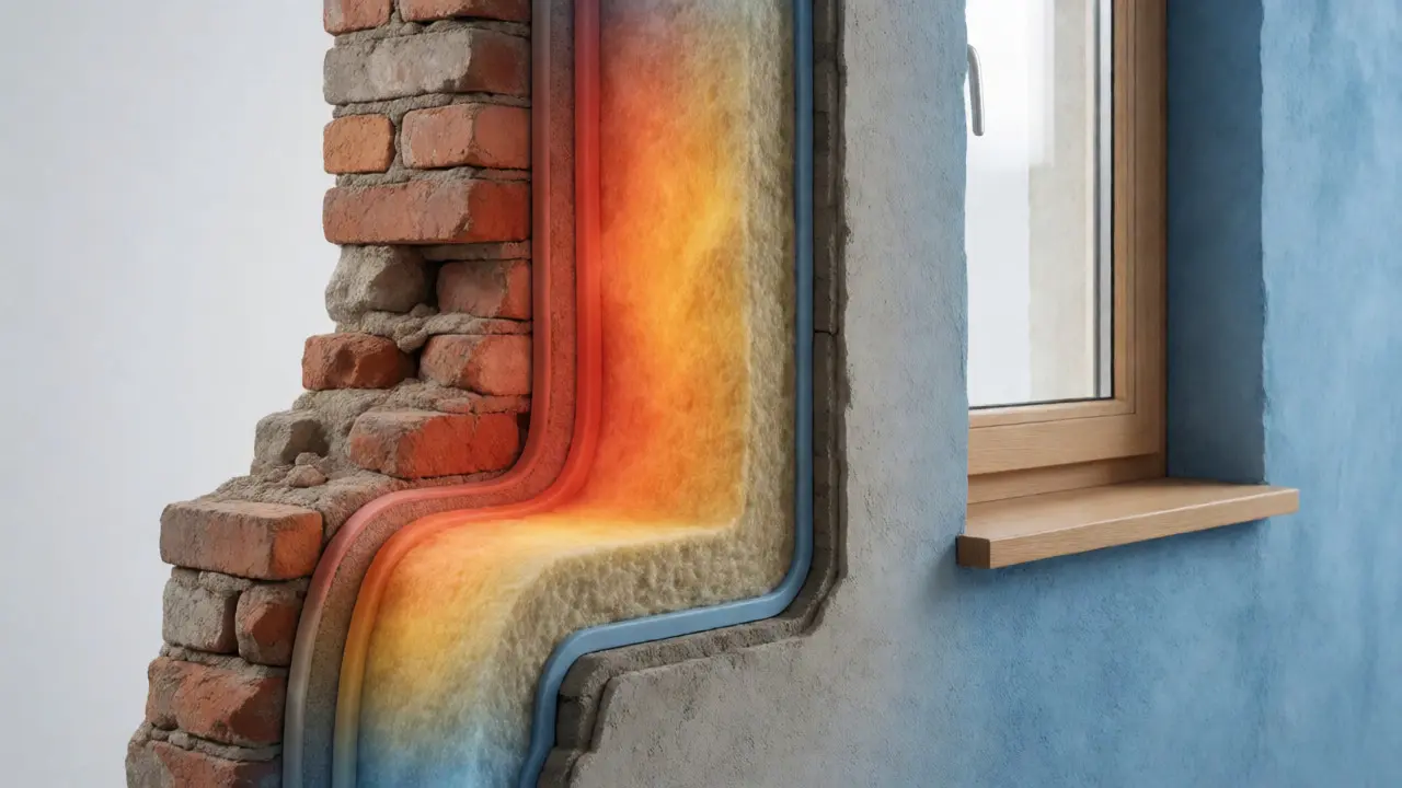 Querschnitt einer gedämmten Wand mit visualisiertem Wärmefluss