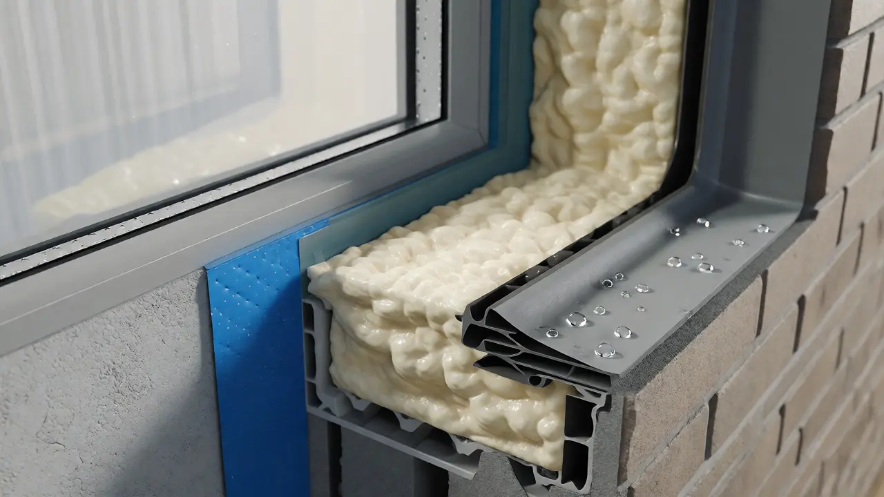 Querschnittsdarstellung der dreischichtigen Fensterabdichtung mit Dämmung und Bändern