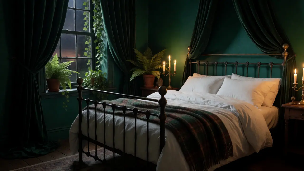 Romantisches Schlafzimmer mit grünen Wänden, Kerzenlicht und Schmiedeeisen-Bett