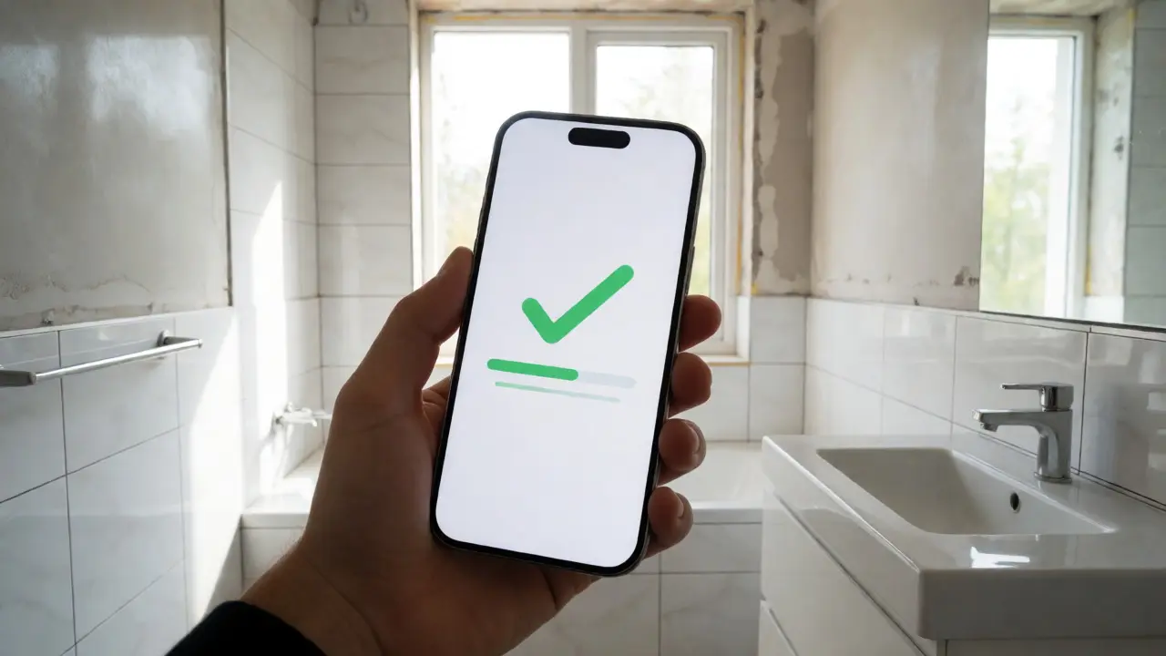 Smartphone mit Kreditbestätigung vor renoviertem Bad