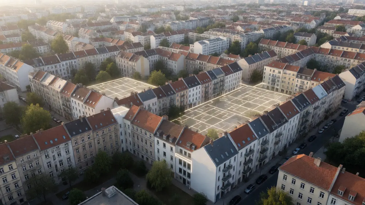 Stadtbild mit überlagerten Zonengrenzen für Sanierungs- und Erhaltungsgebiete