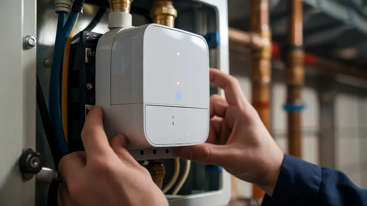 Techniker installiert Smart Meter im Keller eines Wohnhauses