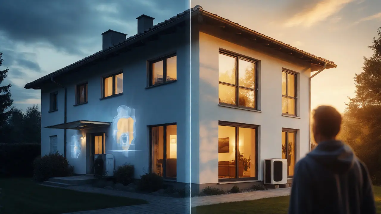 Vergleich eines Hauses vor und nach energetischer Sanierung im Split-Screen