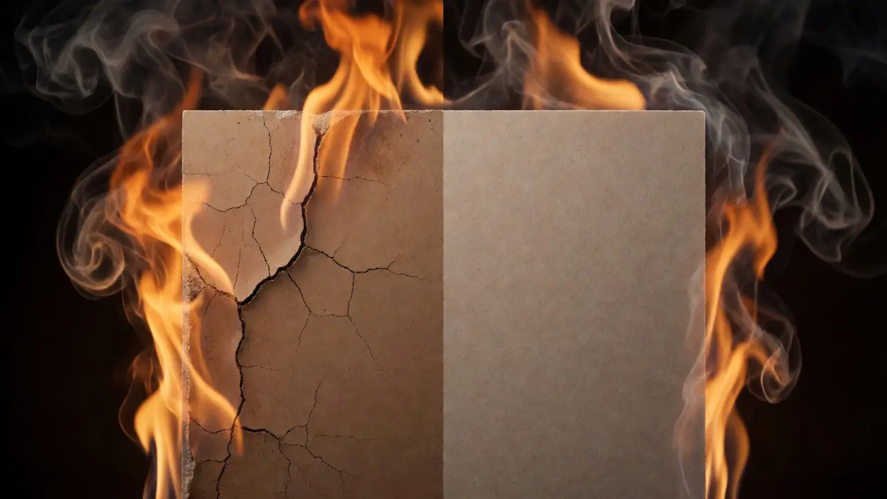 Vergleich von Standard-Gips und Promat-Platte unter Hitzeeinwirkung durch Feuer.