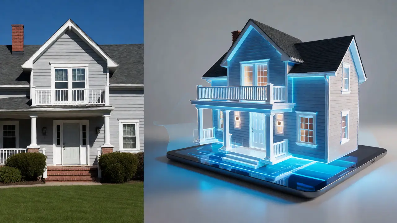Vergleich von statischem Foto und interaktiver 3D-Hausvisualisierung