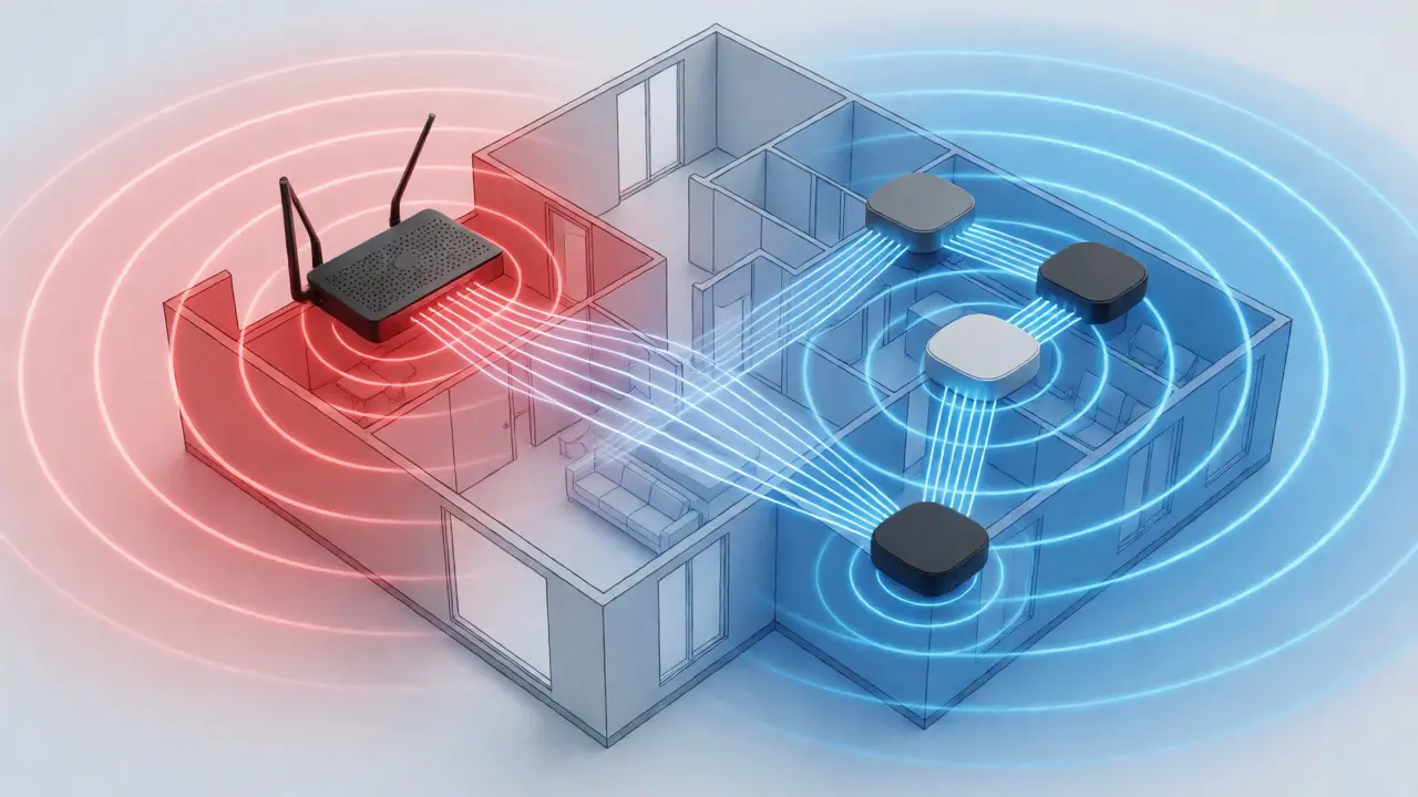 Vergleich von WLAN-Abdeckung durch Router vs. Mesh-Netzwerk im Hausgrundriss