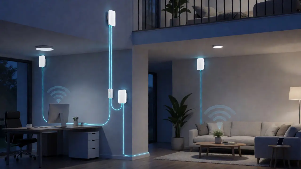 Vernetzte Access Points im Haus mit Kabelverbindungen und WLAN-Signalen