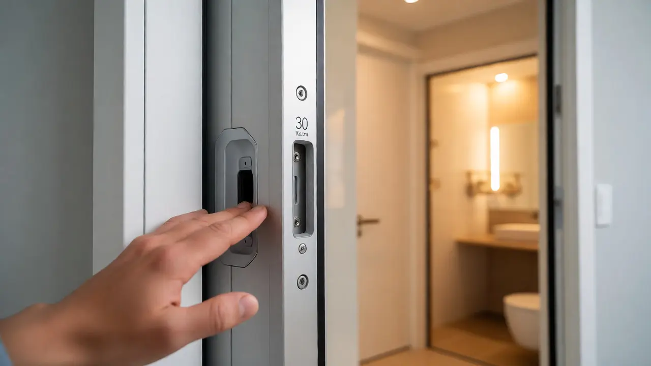 Automatische Schiebetür öffnet sich leicht für eine Person im Rollstuhl.