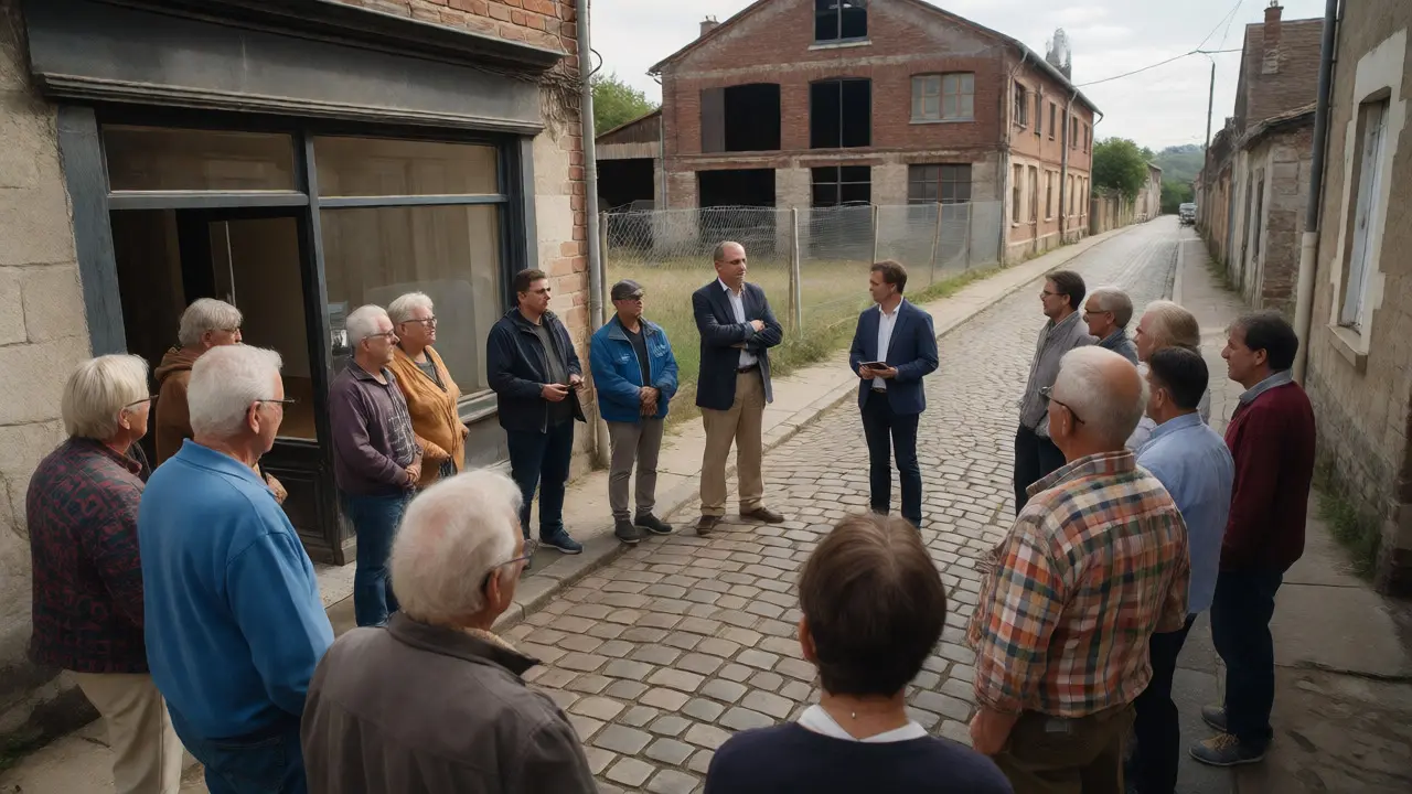 Bürgermeister und Anwohner diskutieren auf der Straße vor einem leerstehenden Ladenlokal.