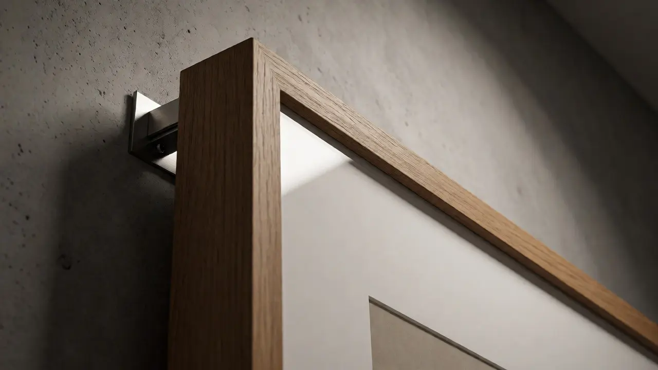 Detailaufnahme eines sicheren Bilderrahmens mit Galerieaufhängung