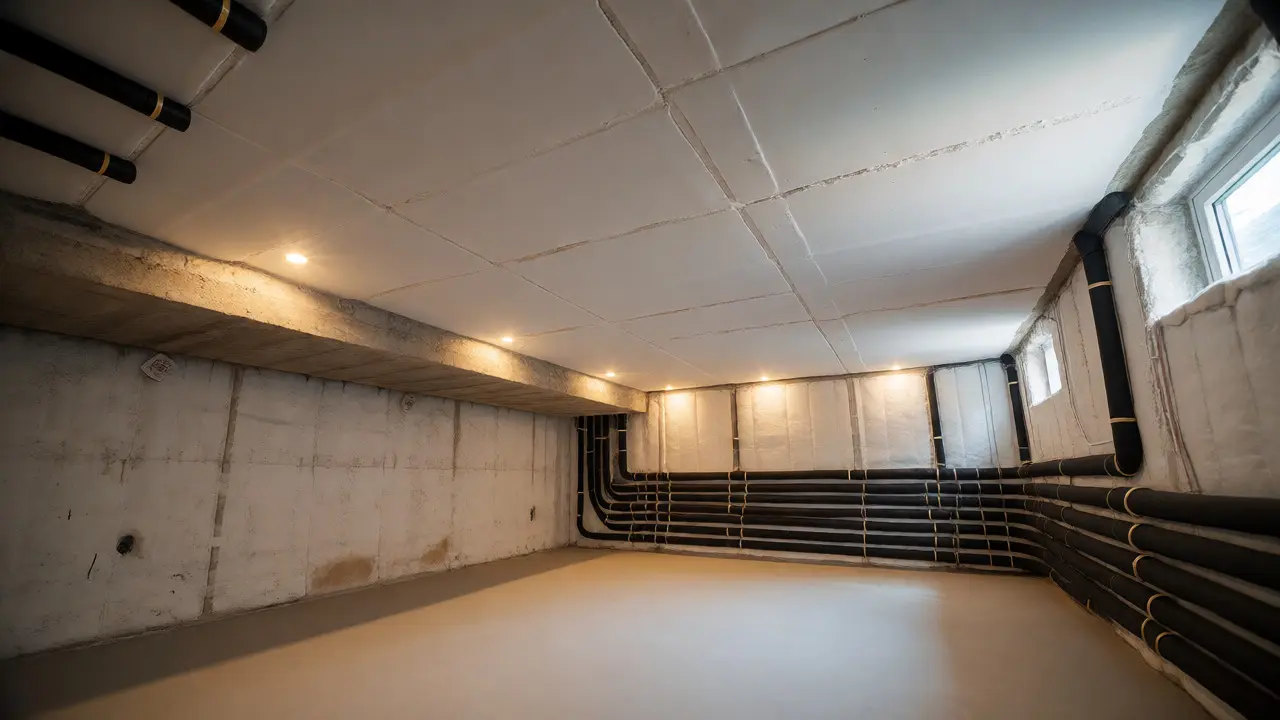 Fertig isolierter Kellerraum mit warmer Beleuchtung und glatter Decke