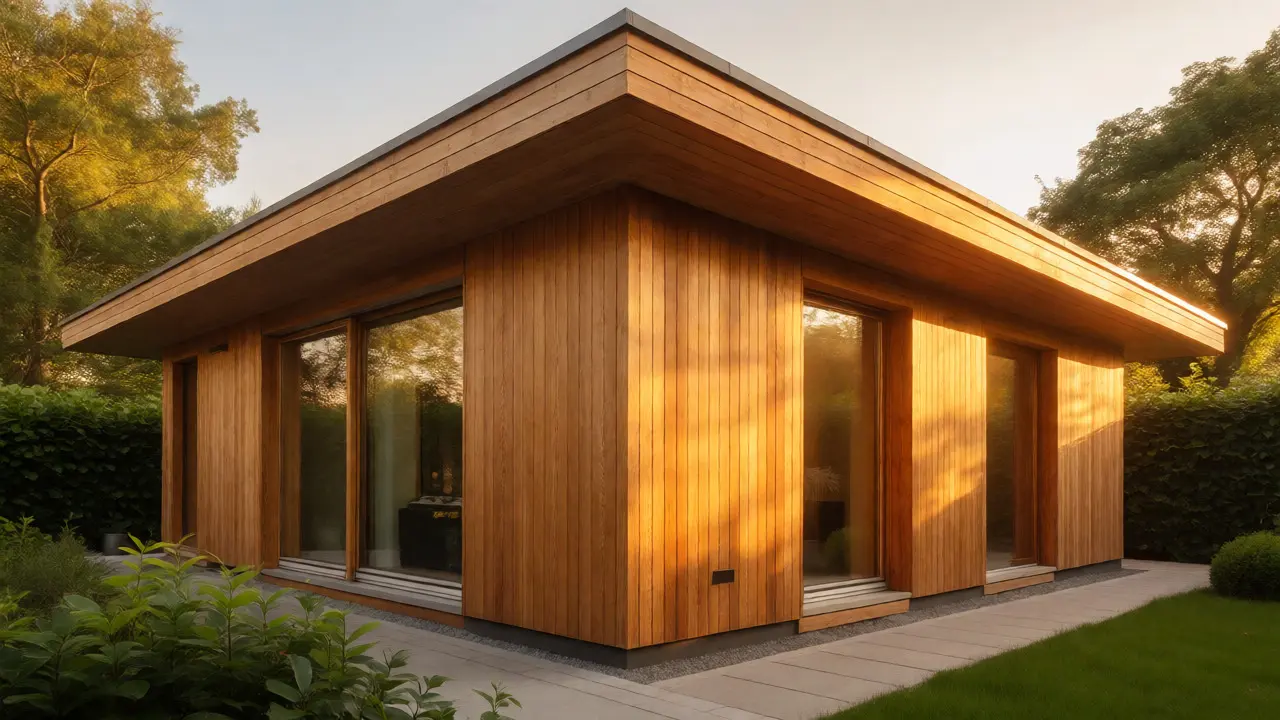 Gepflegtes Haus mit frisch gestrichener Holzfassade im Sonnenlicht