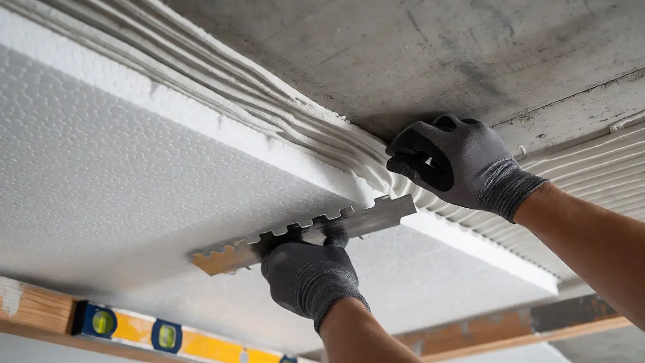 Hände kleben Dämmplatten aus Styropor an die Betondecke