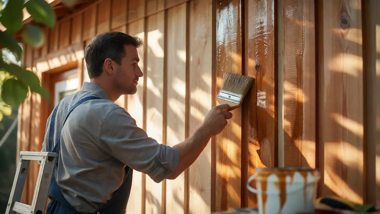 Handwerker streicht eine Holzfassade mit einer Lasur