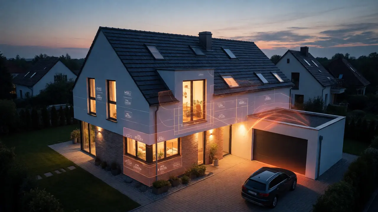 Haus bei Dämmerung mit visualisierter intelligenter Heizungssteuerung
