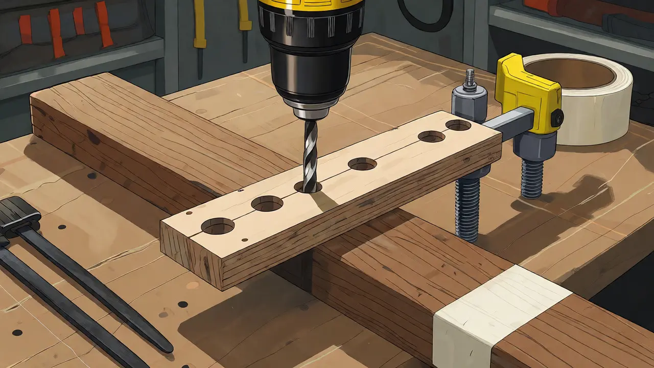 Holzschablone als Führungshilfe beim Bohren zur Fehlervermeidung im Workshop.