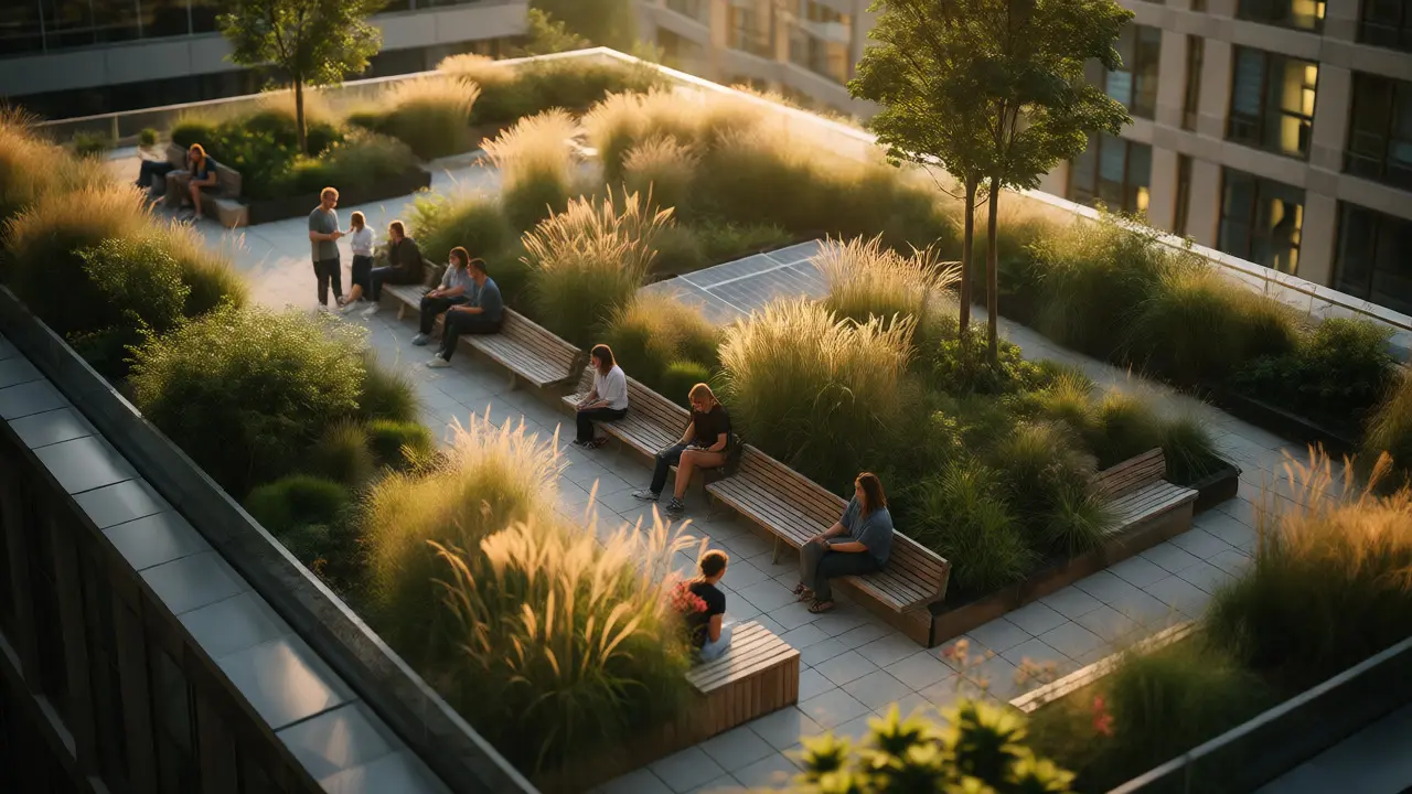 Intensive Dachgarten-Lounge auf einem Gebäude mit Menschen und üppiger Vegetation.