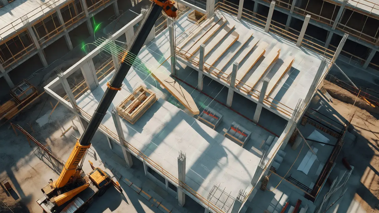 Luftaufnahme einer deutschen Baustelle mit Kran und Holzbau-Elementen im technischen Stil.