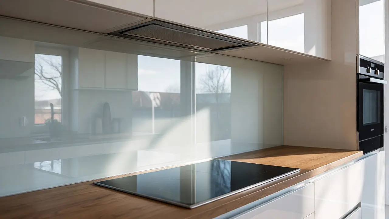 Moderne Küche mit fugenloser Glasrückwand hinter dem Kochfeld im eleganten Design.