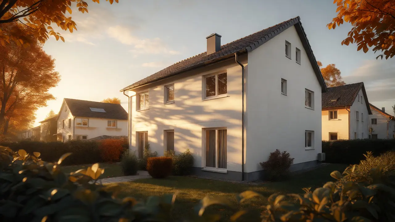 Modernisiertes Einfamilienhaus mit neuer Fassade im Herbstlicht