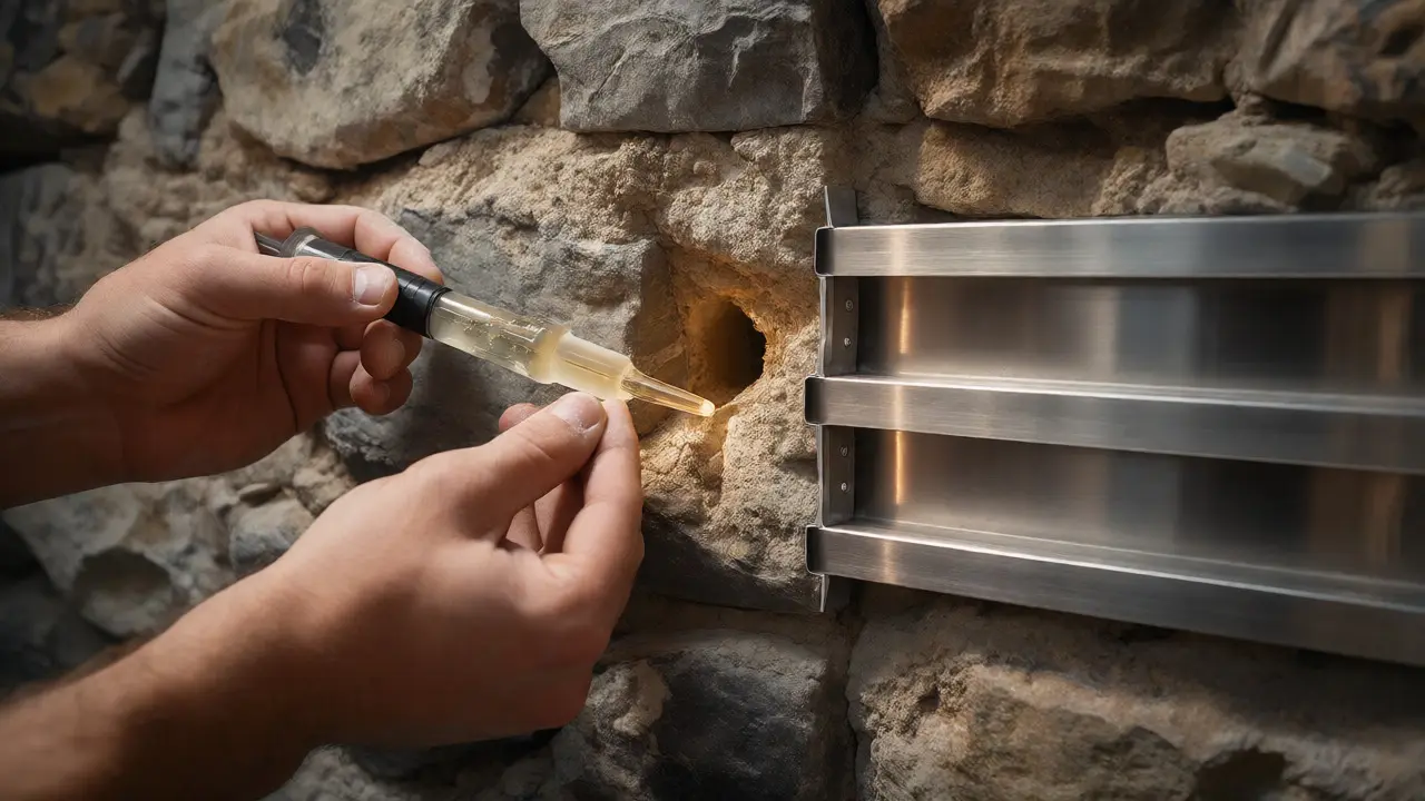 Nahaufnahme der Injektion von Harz in ein Bruchsteinmauerwerk zur Horizontalabdichtung.