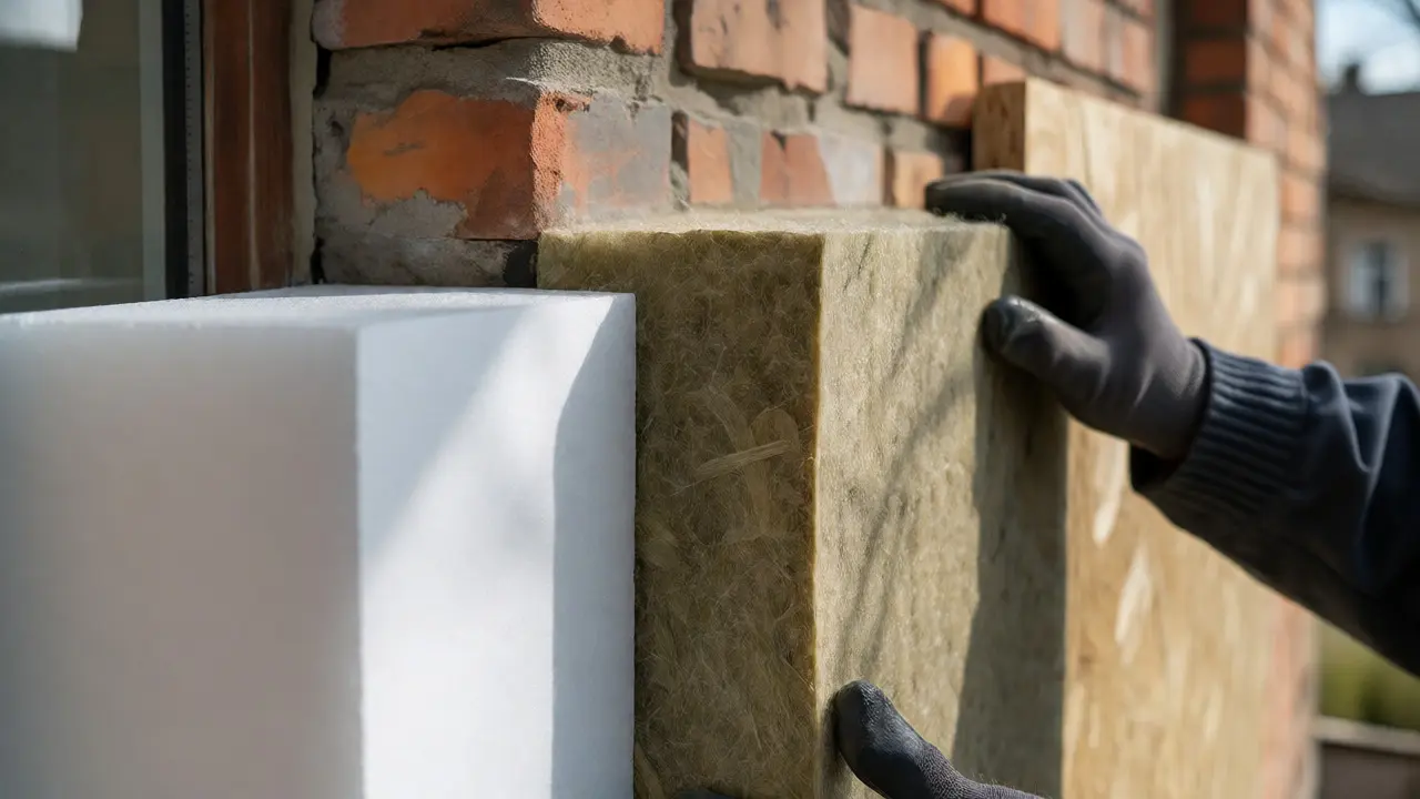 Nahaufnahme der Installation von Mineralwolle und EPS Dämmung