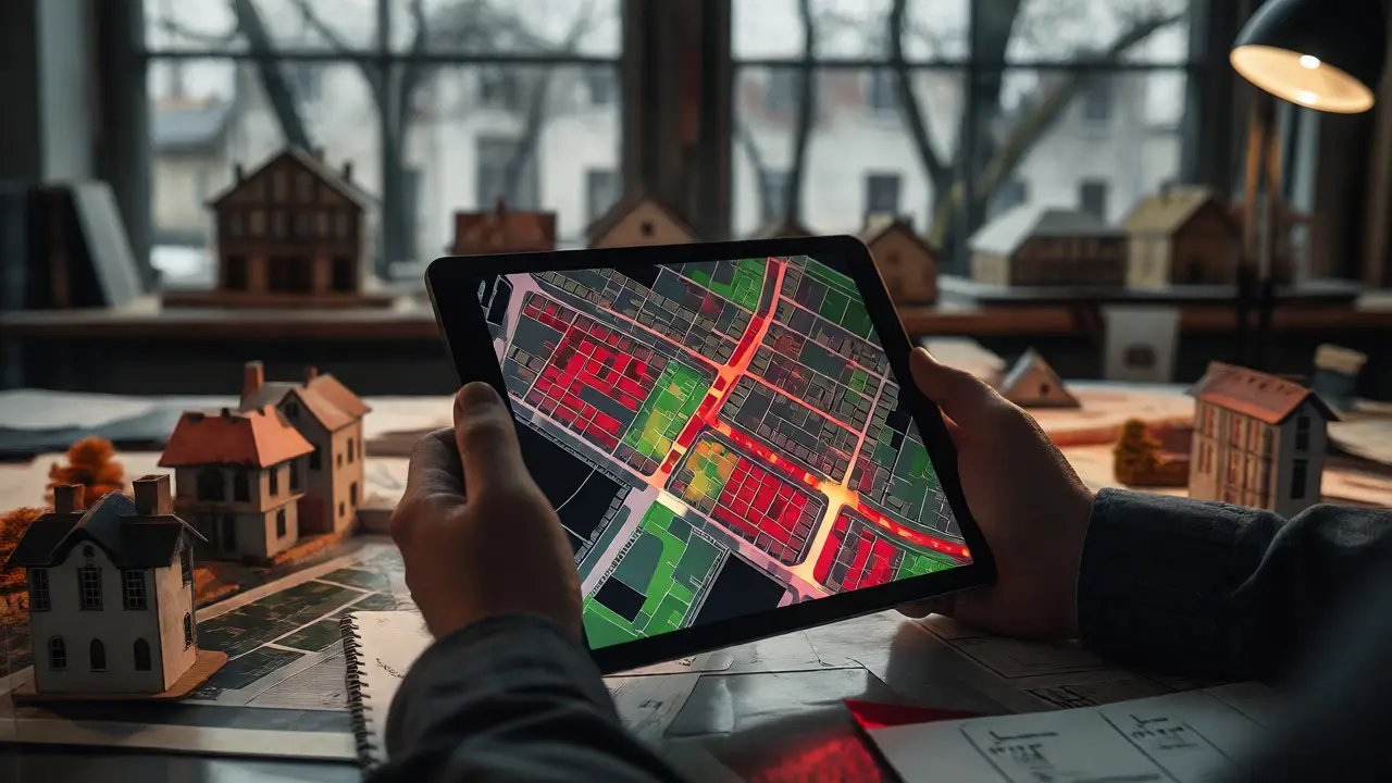 Nahaufnahme eines Tablets mit einer Vacancy-Karte in einem kommunalen Planungsbüro.