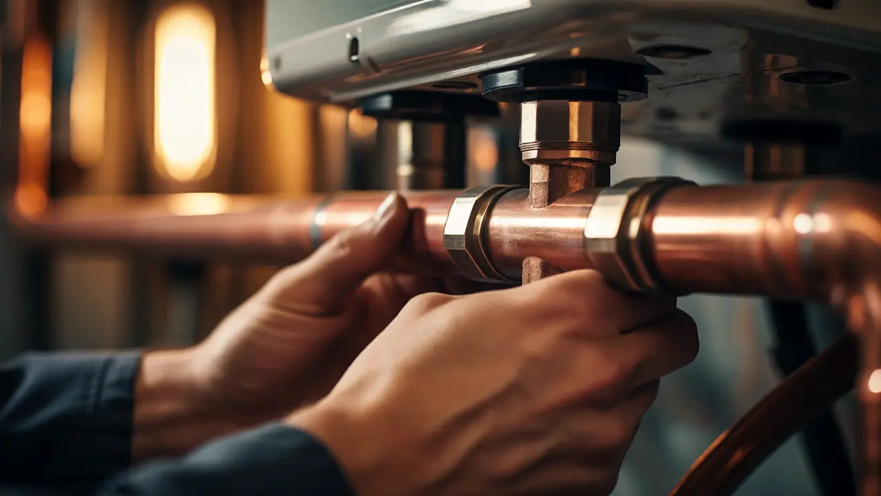 Nahaufnahme eines Technikers bei der Installation von Wärmepumpenleitungen