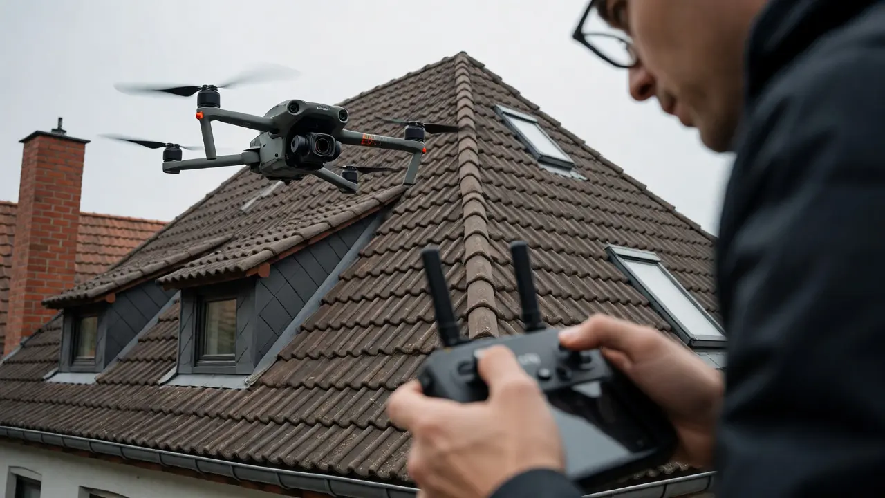 Pilot steuert Drohne über ein Wohnhausdach im Hintergrund