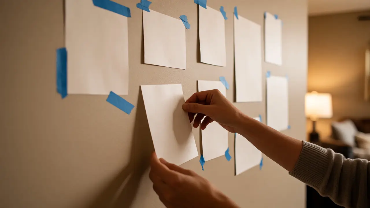Planung einer Bilderwand mit Papierschablonen an der Wand