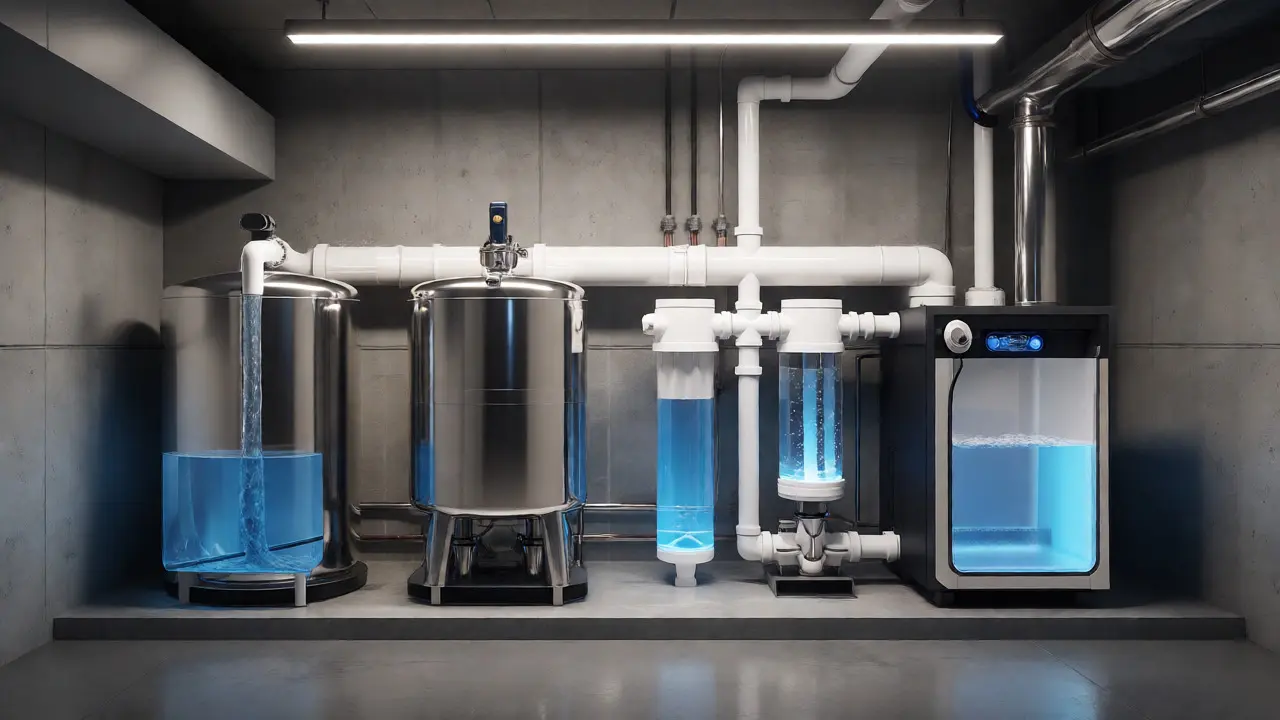Querschnitt einer Grauwasseranlage im Keller mit Filtern