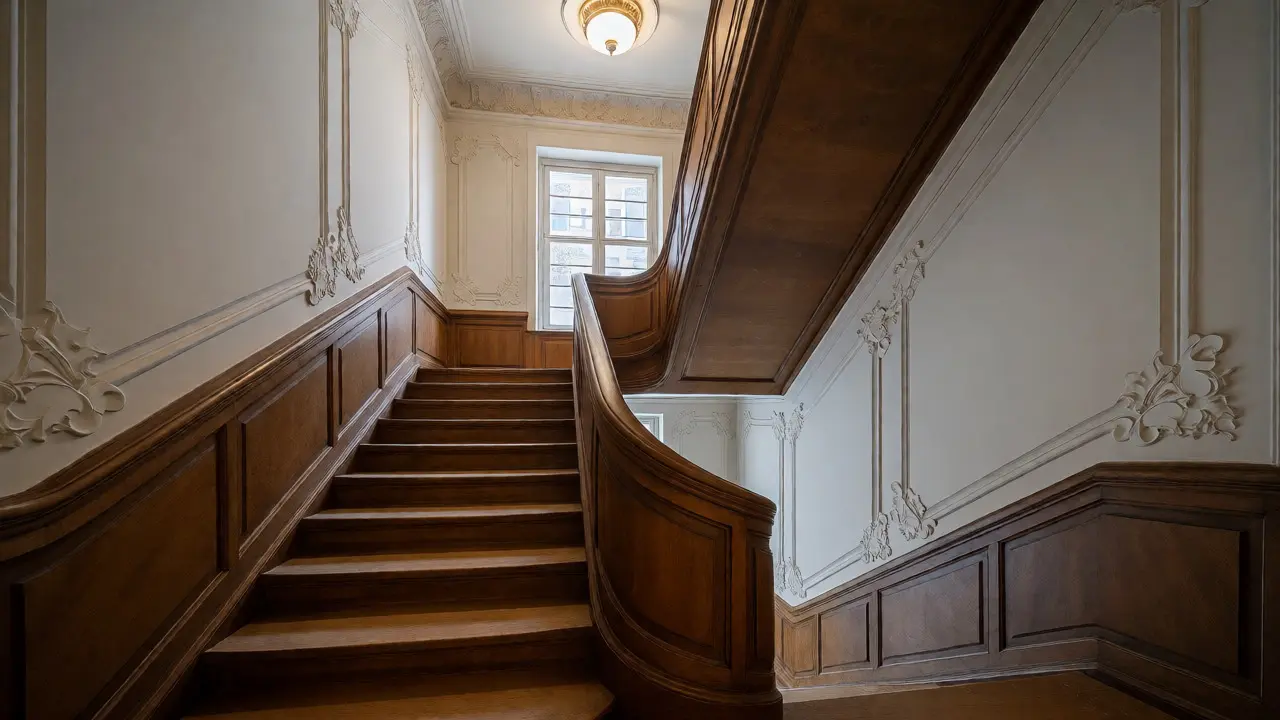 Restaurierte Holztreppe in historischem Altbau-Aufgang