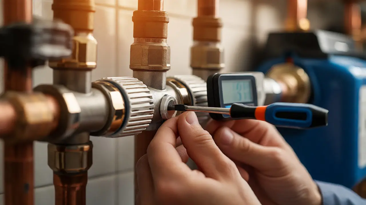 Techniker justiert präzise ein Thermostatventil an einer Heizungsleitung