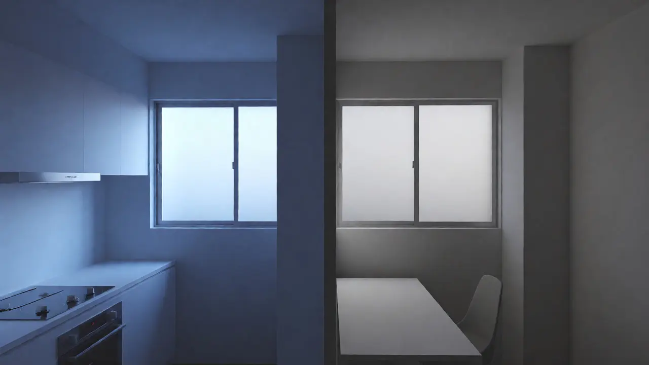 Vergleich von Ost-Küche im Morgenlicht und Nord-Büro mit diffusen Licht