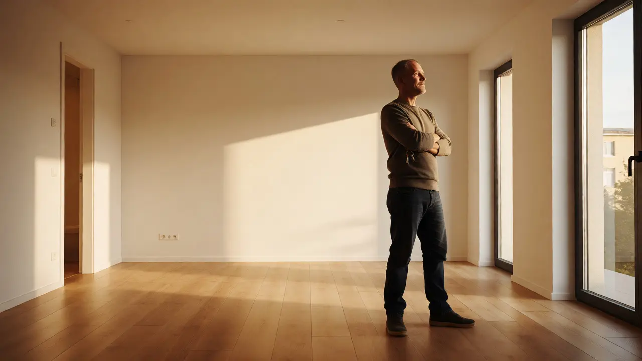 Zufriedener Hausbesitzer in fertig renovierter, sonniger Wohnung ohne Baustellenchaos.